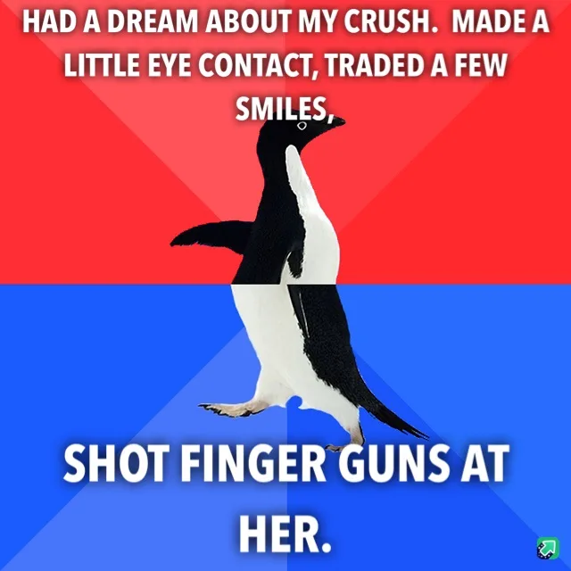 A penguin stands centered against a red and blue background, with white text overlaid in two sections. The top text reads…