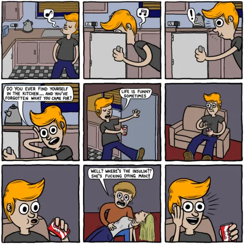 A nine-panel comic strip shows a man in a kitchen, then in a living room, reacting to a life-threatening situation. He…