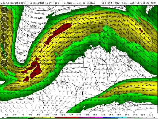 a weather map from the college of dupage nexlab shows a 250mb isotachs and geopotential height pattern over the united…