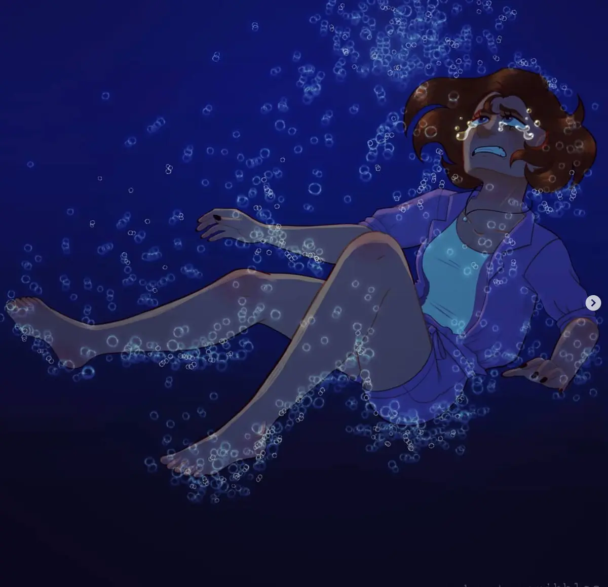 An anime-style illustration shows a woman submerged in dark blue water, surrounded by glowing bubbles. She has a distressed…