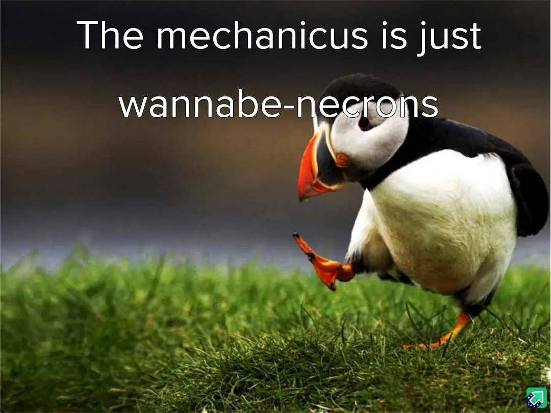 A puffin stands on green grass with one foot lifted, looking down. White text overlaid at the top reads 'The mechanicus is…