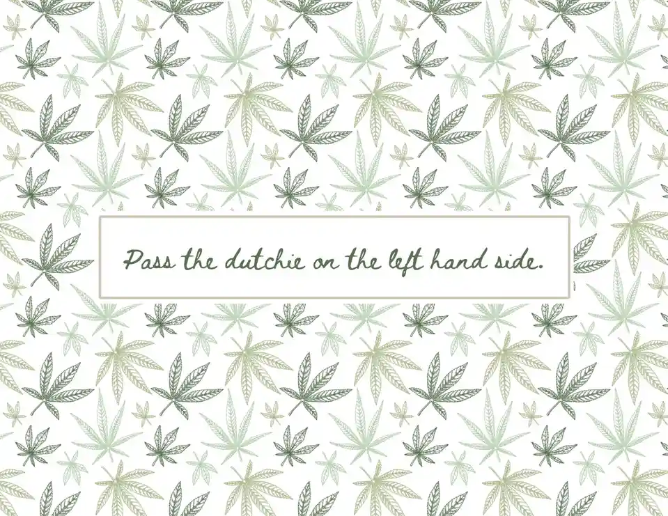 The image features a repeating pattern of illustrated cannabis leaves in varying shades of green on a white background…