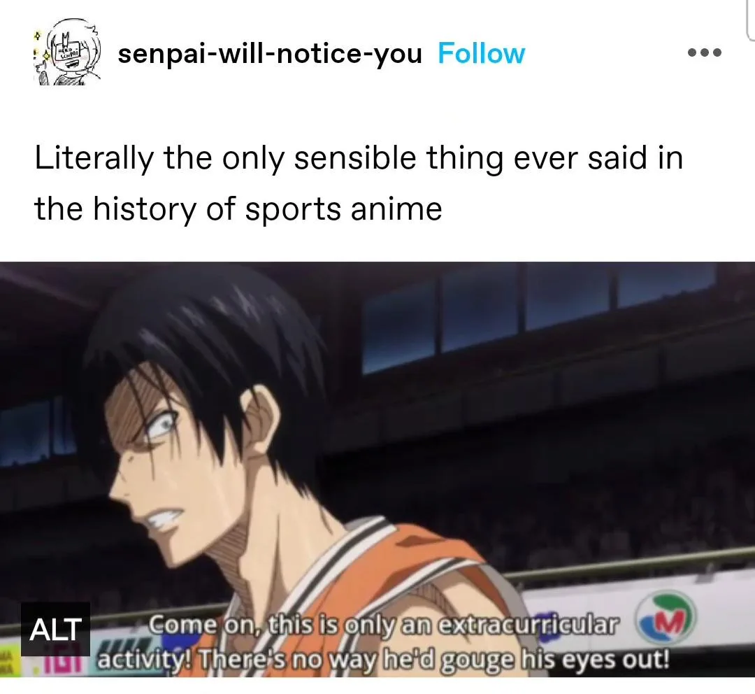 An anime character with black hair and intense eyes, wearing an orange basketball jersey, looks determinedly to the side…