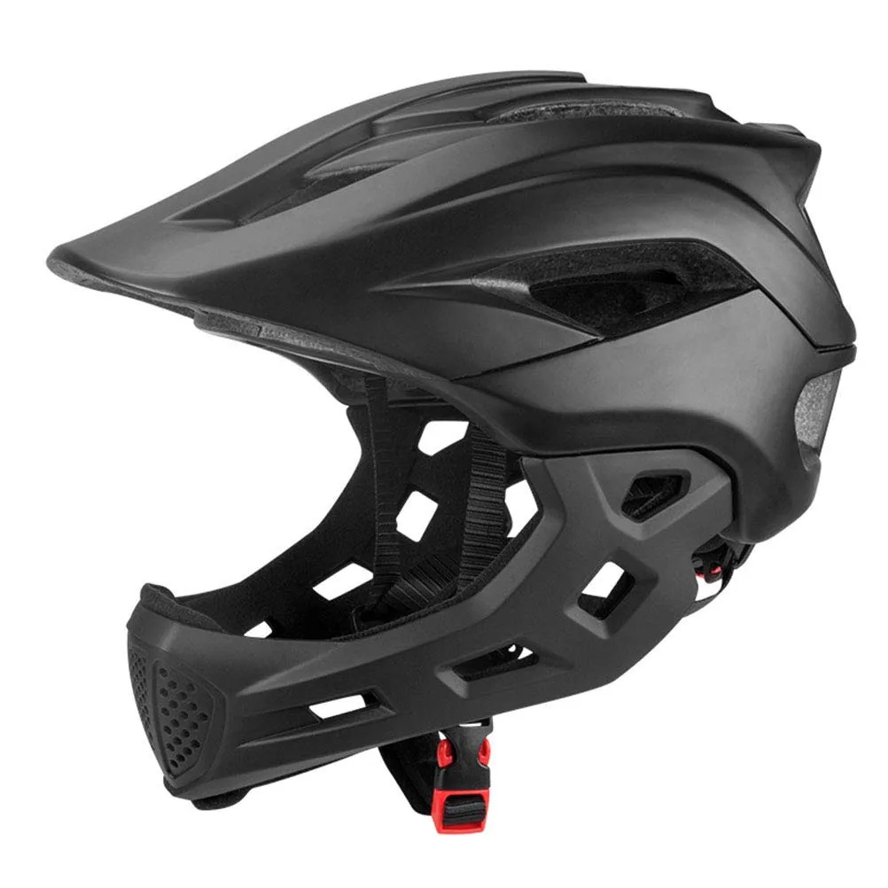 A matte black full-face bicycle helmet with red buckle details is shown against a white background. The overlaid text reads…