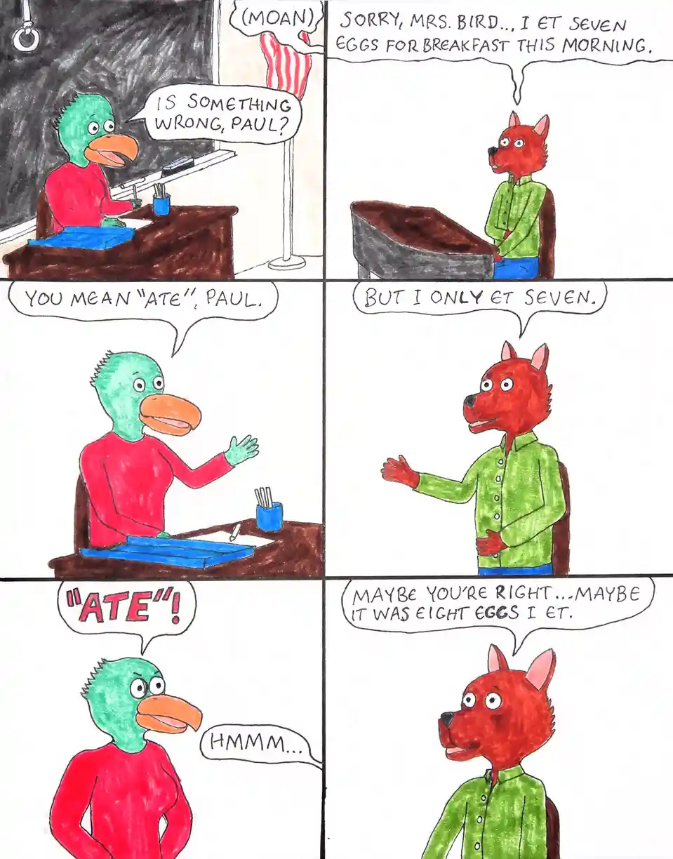 A four-panel comic shows a green bird teacher, Mrs. Bird, questioning a red fox student named Paul for moaning. Paul claims…