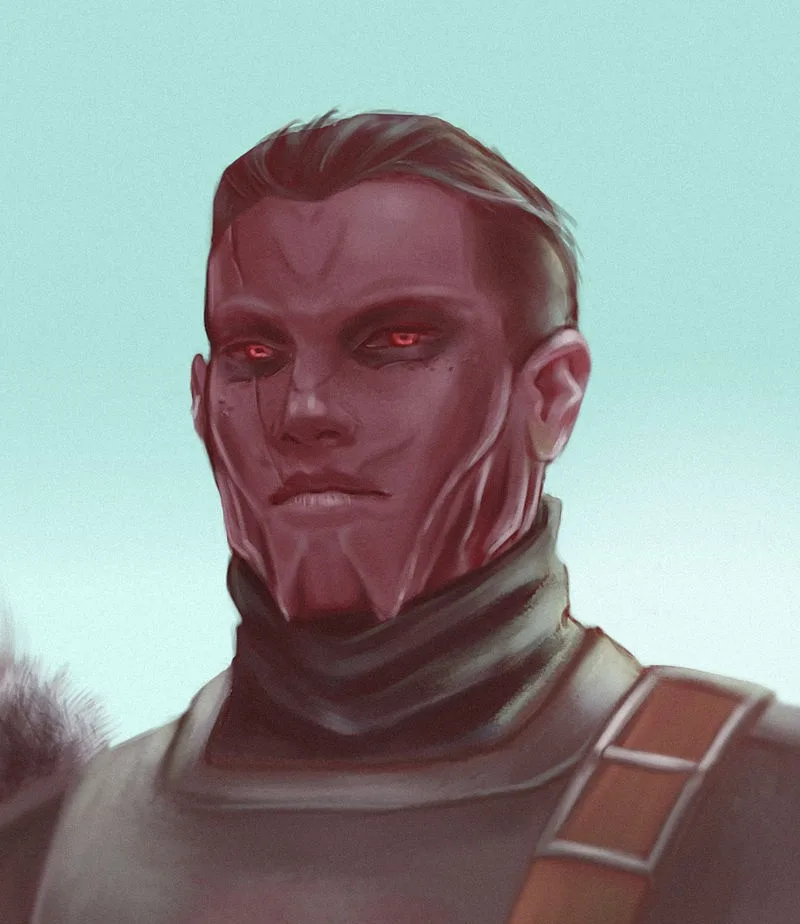 A digital illustration of a man with pale, reddish skin, glowing red eyes, and a stern, disappointed expression. He wears a…