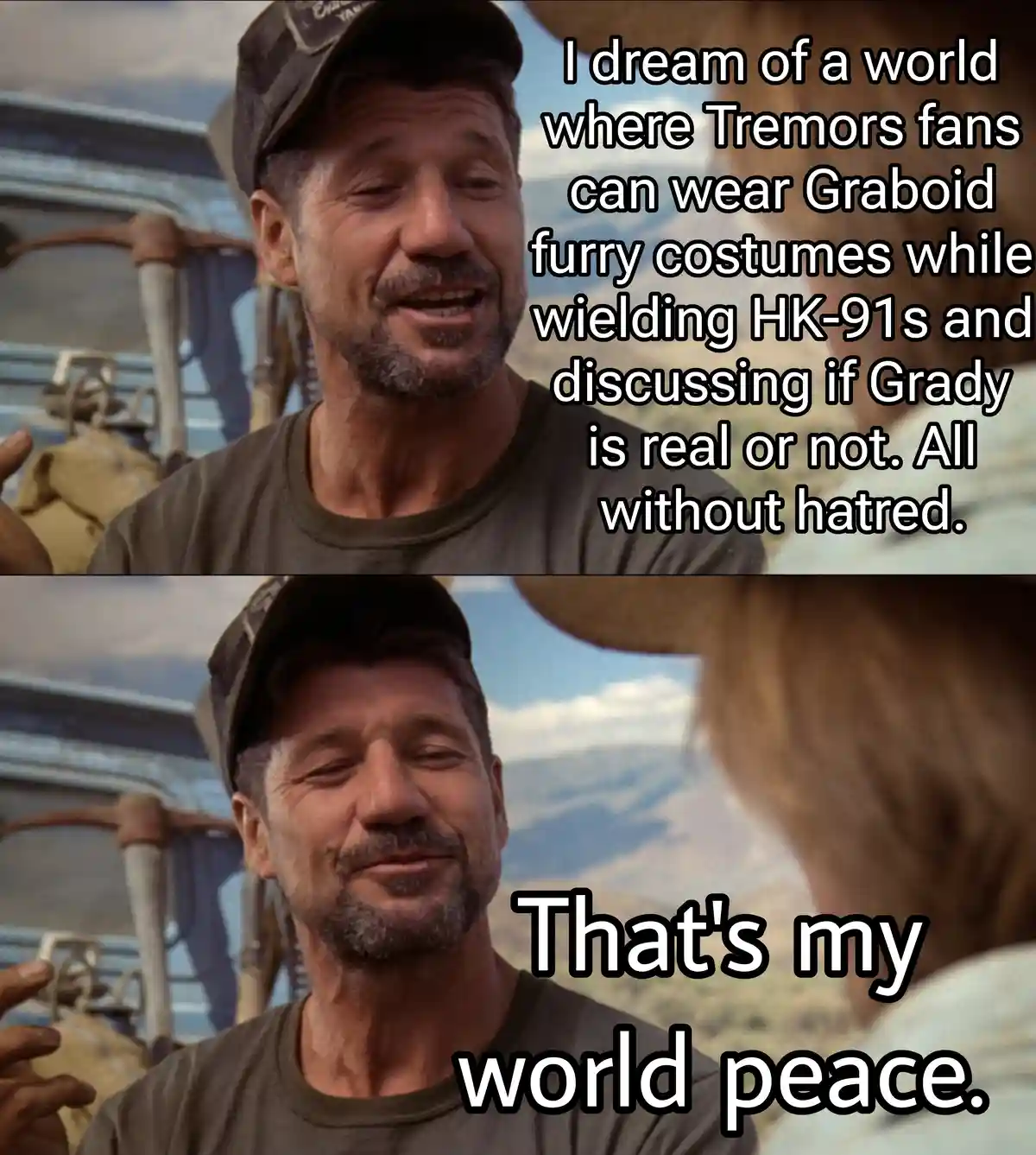 The image is a two-panel meme featuring actor Kevin Bacon as the character Valentine from the movie 'Tremors'. In the top…
