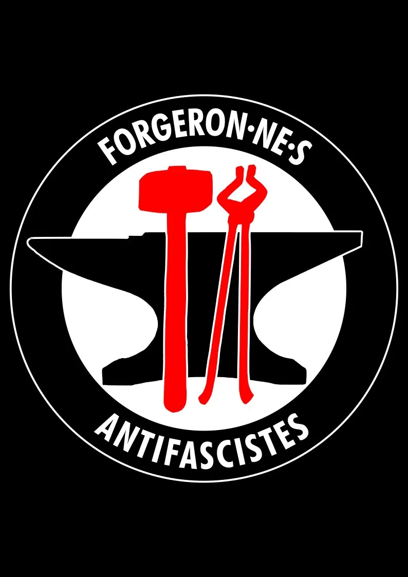 A black-and-white circular logo with red hammer and tongs over an anvil, text reads 'FORGERON·NE·S' at top and…