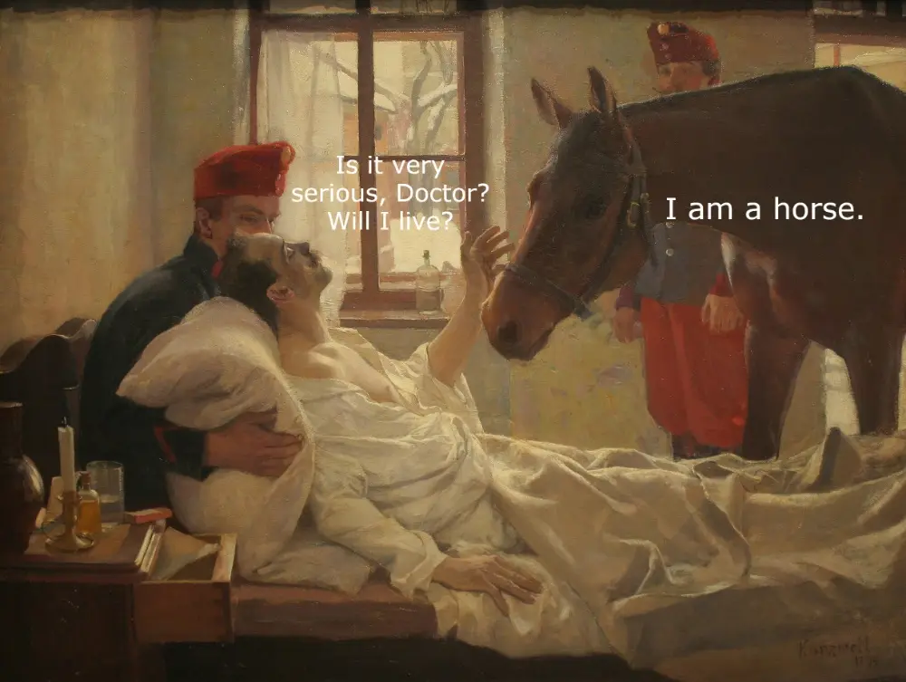A classical painting depicts a man in a hospital bed, looking up at a horse that has its head near his face. A doctor in a…