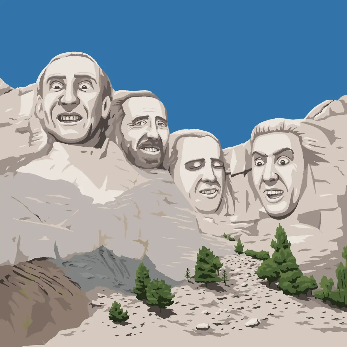 An illustration of Mount Rushmore with the carved faces of the four U.S. presidents replaced by the exaggerated, comically…