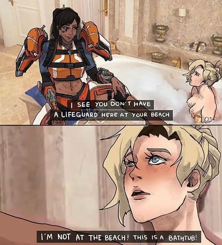 The top panel shows a woman in orange and blue armored gear sitting in a bubble-filled bathtub, looking at another woman…
