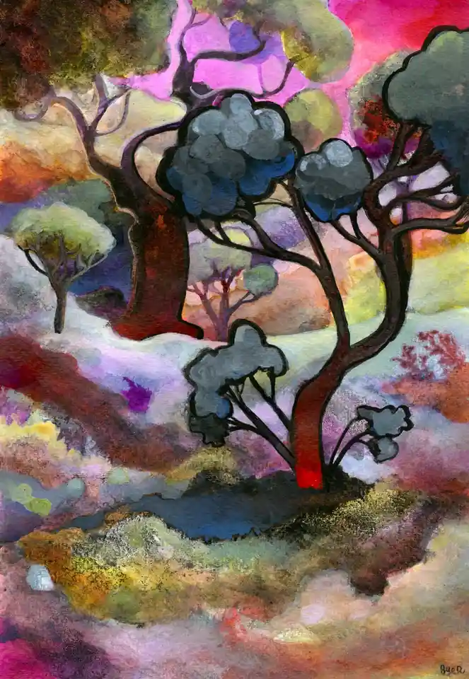 An abstract watercolor painting of stylized trees with dark, curving trunks and gray-blue foliage against a vibrant…