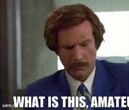 A six-panel image grid shows actor Will Ferrell as the character Ron Burgundy in a blue suit and tie, reacting with…