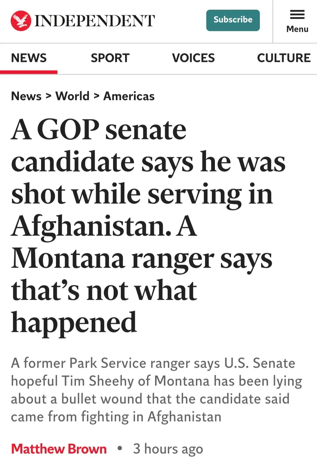 A screenshot of a news article from The Independent with the headline 'A GOP senate candidate says he was shot while serving…