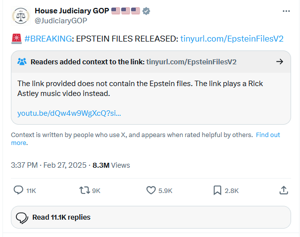 A screenshot of a Twitter post from the House Judiciary GOP account shows a tweet with a link labeled '#BREAKING: EPSTEIN…