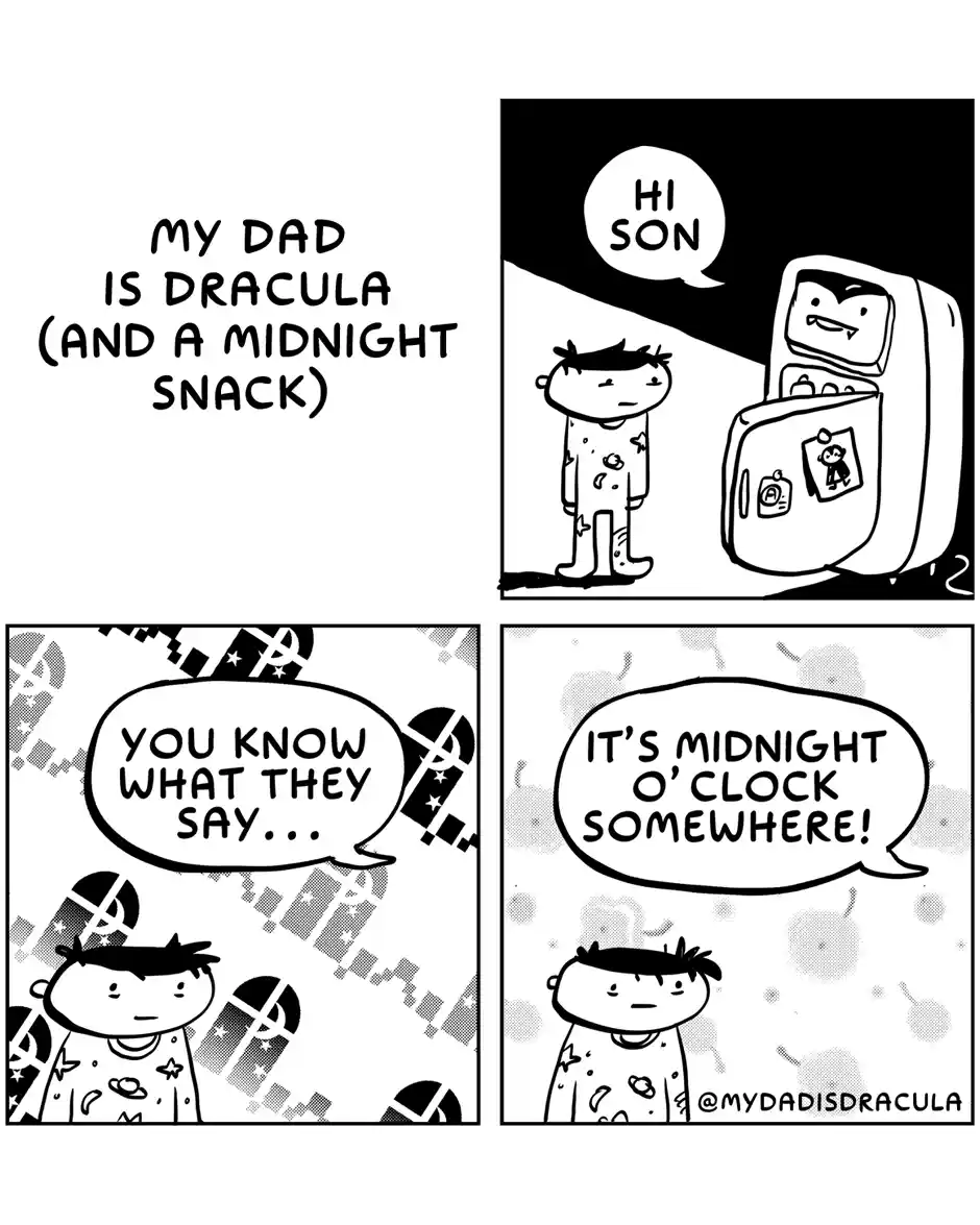 A four-panel comic strip titled 'MY DAD IS DRACULA (AND A MIDNIGHT SNACK)'. In the first panel, a cartoon refrigerator with…