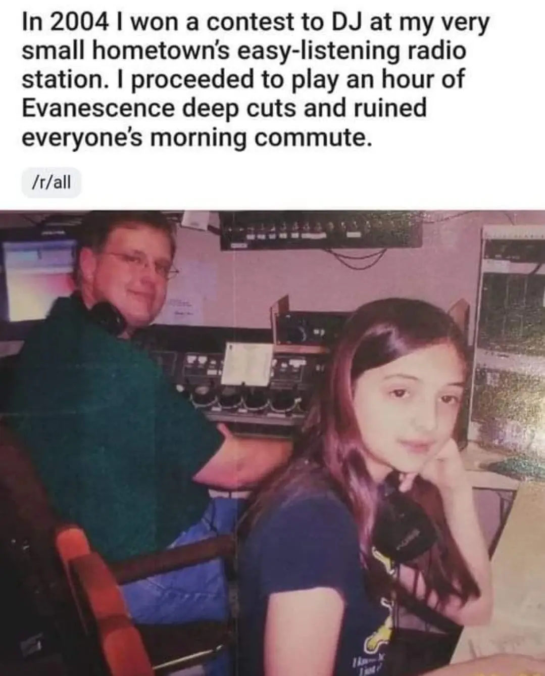 A grainy photo from 2004 shows a young girl with long dark hair sitting in front of a radio station microphone, looking at…