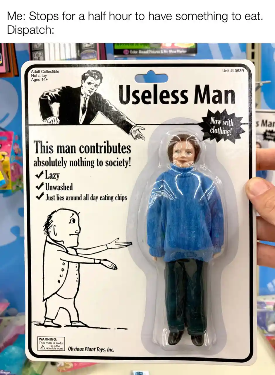 A person holds a toy package labeled 'Useless Man' from 'Obvious Plant Toys, Inc.' The packaging features a plastic figurine…