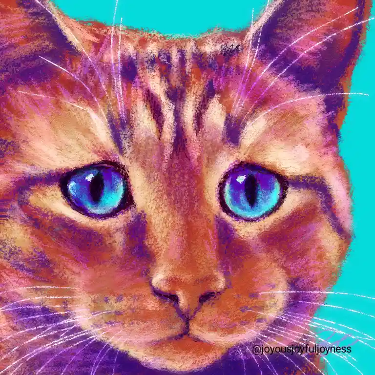 A stylized digital painting of a cat's face with vibrant, saturated colors including orange, purple, and teal, featuring…