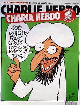 A cartoon from Charlie Hebdo magazine shows a caricatured man with a white turban and beard, pointing upward with a wide…