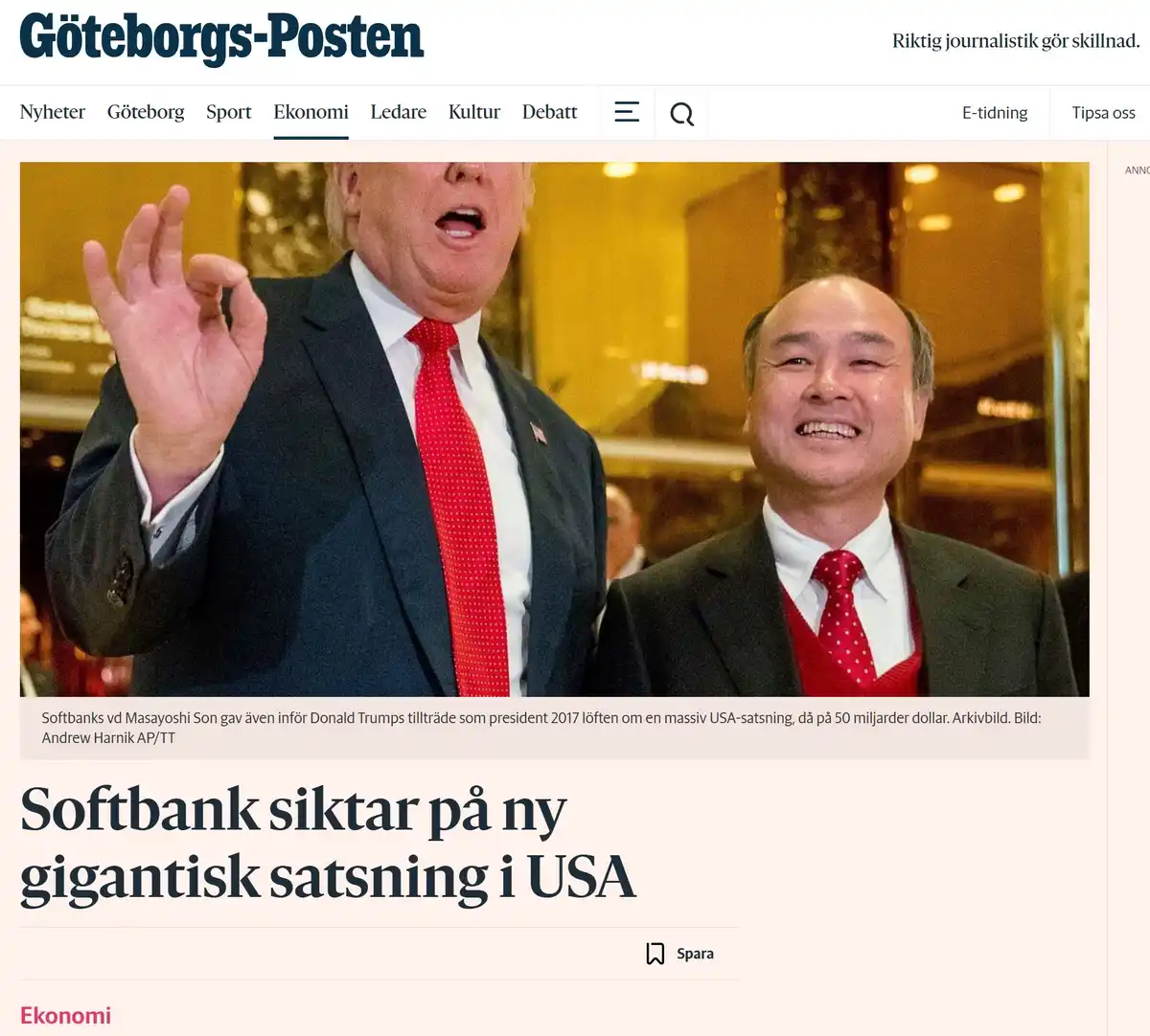 A screenshot of a Swedish news article from Göteborgs-Posten shows Donald Trump and Masayoshi Son smiling together. Trump is…
