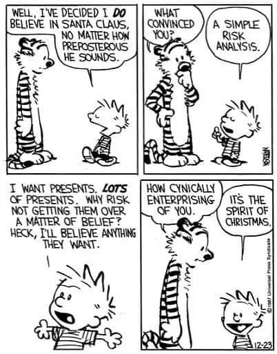 A four-panel Calvin and Hobbes comic strip where Calvin convinces his father, Calvin, to believe in Santa Claus by…