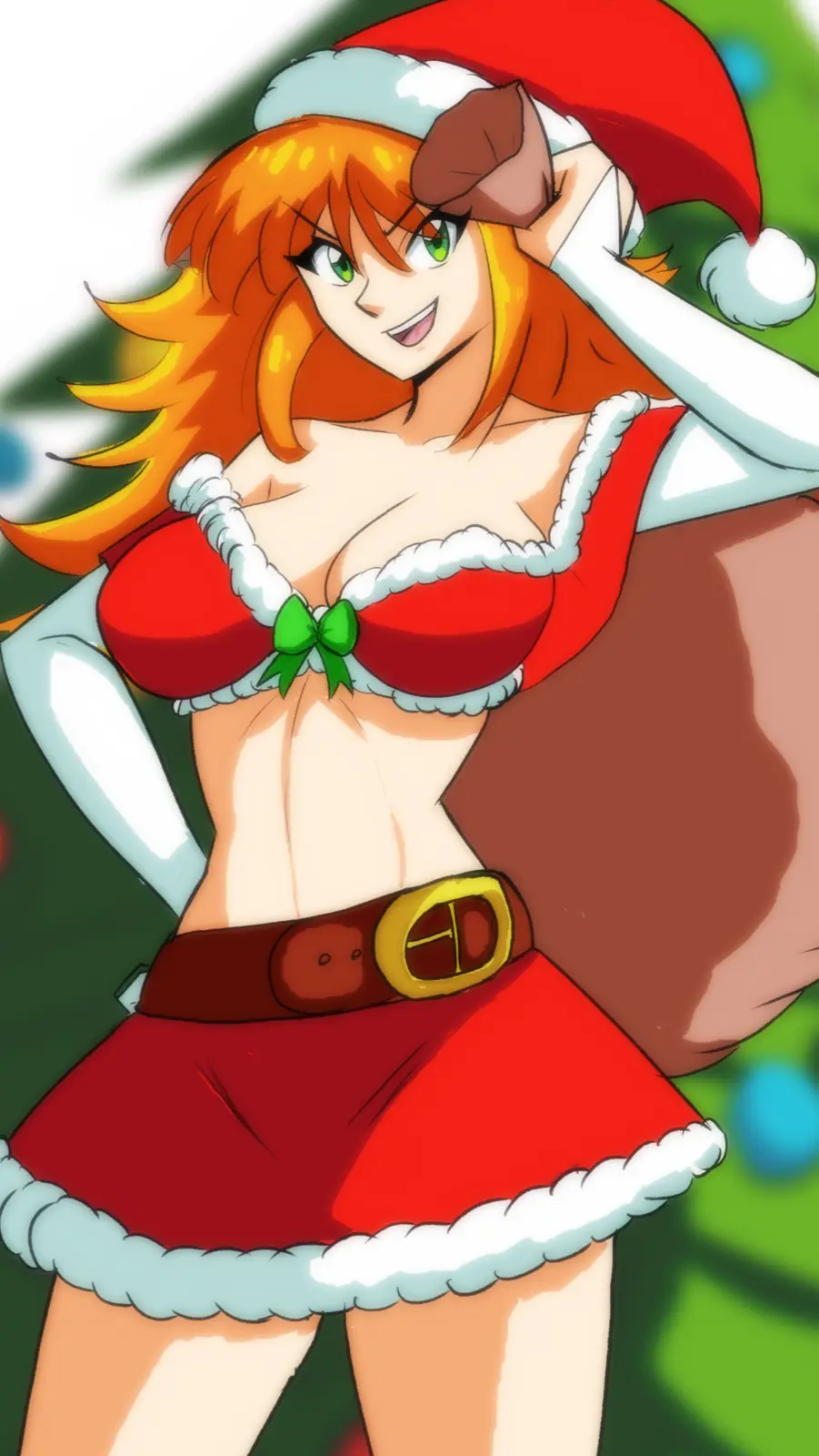 An anime-style illustration of a woman with orange hair and green eyes wearing a revealing red and white Santa outfit…