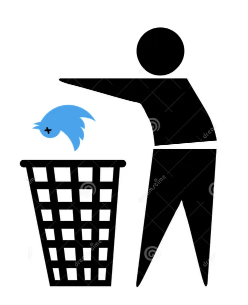 A black silhouette of a person throwing a blue bird logo into a trash can. The bird has a small black cross on its head. The…