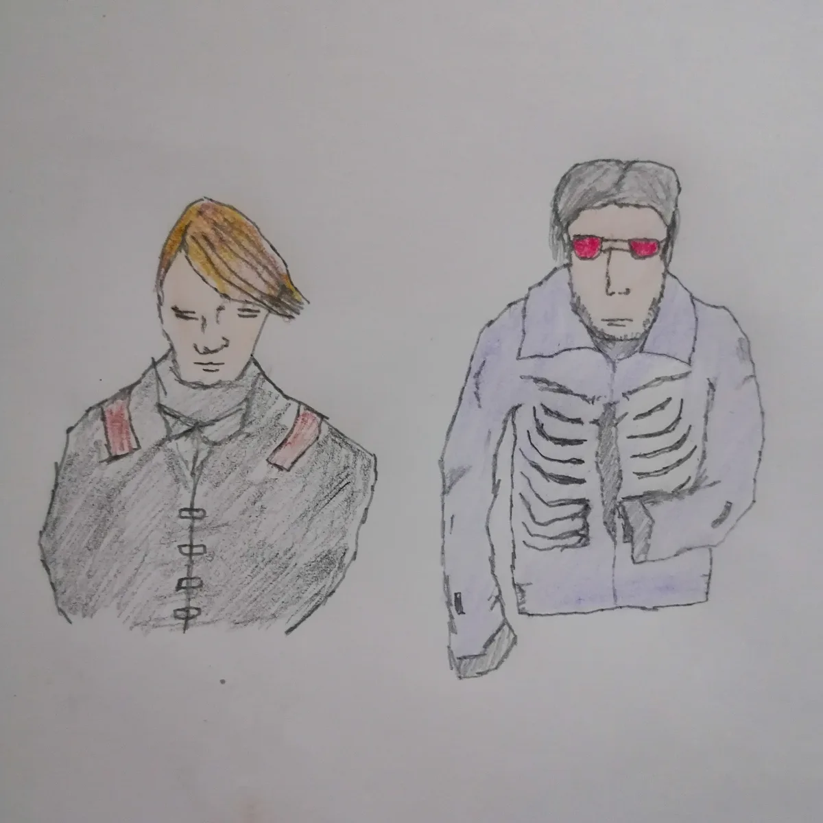 A hand-drawn image shows two men side by side. The man on the left wears a military-style jacket with red epaulets and has a…
