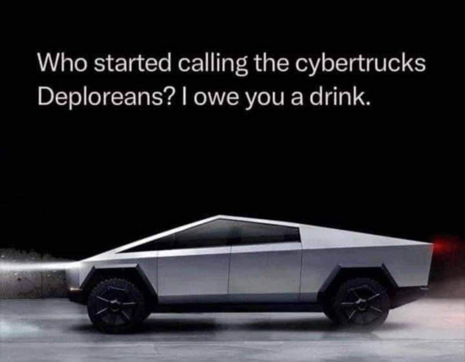 A silver, angular Tesla Cybertruck is shown in profile against a dark background, with white text overlaid at the top…