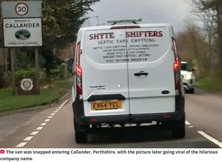 A white van is seen from behind driving on a road past a 'Welcome to CALLANDER' sign. The van's rear door has large red text…