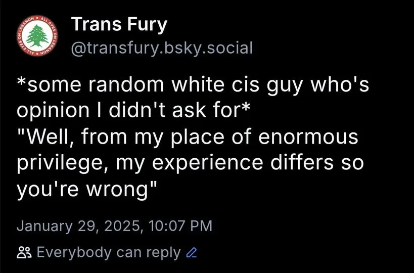 A screenshot of a social media post from 'Trans Fury' on a platform resembling Bluesky, featuring white text on a black…