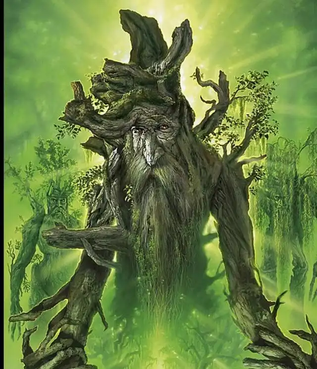 A towering, humanoid tree spirit with gnarled bark for skin, mossy beard, and glowing eyes stands in a vibrant green forest…