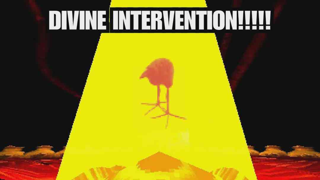 A pixelated image shows a small, orange bird-like creature standing in the center of a bright yellow spotlight beam. The…