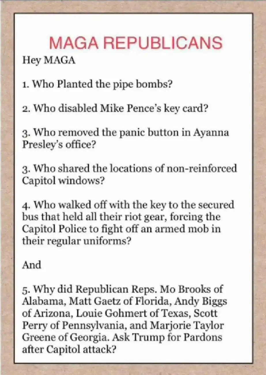 The image displays a white card with a brown border, titled 'MAGA REPUBLICANS' in red text. Below, it lists five questions…