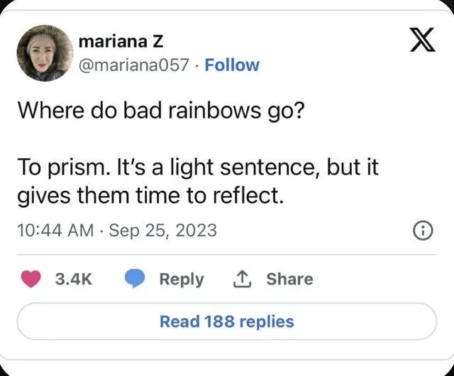 A screenshot of a tweet by user 'mariana Z' (@mariana057) from September 25, 2023, showing the text 'Where do bad rainbows…