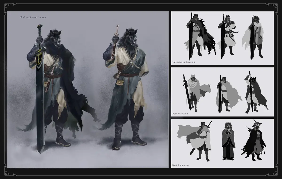 A character design sheet for a 'Black wolf sword master' shows two detailed full-body illustrations of a wolf-headed…