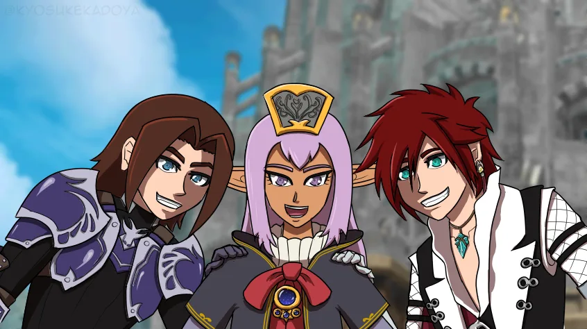 three anime-style characters stand together in front of a castle, smiling confidently. The central character has purple hair…