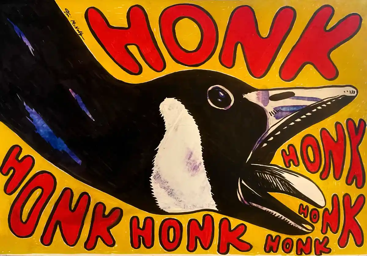 A stylized painting of a black and white bird, resembling a magpie, with its beak open as if honking. The background is…