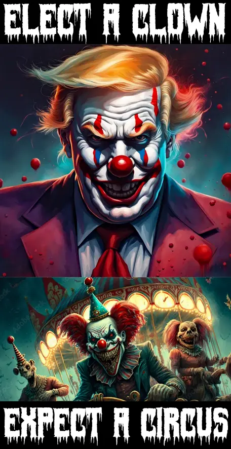 The image is a two-panel meme. The top panel shows a digitally altered portrait of a man with blonde hair, wearing a clown…