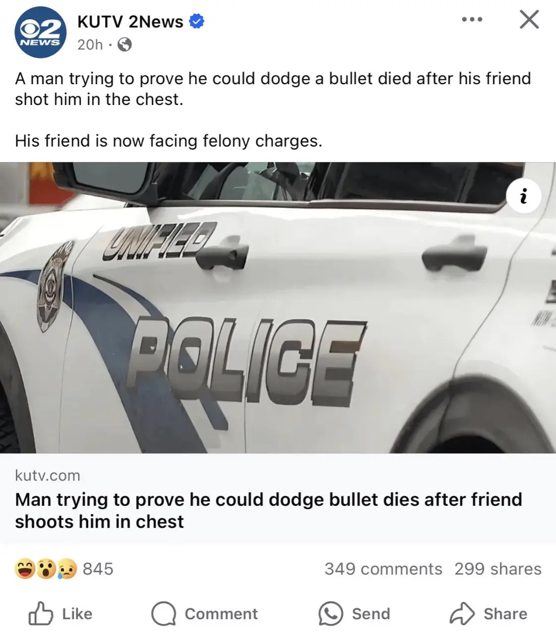 A screenshot of a KUTV 2News Facebook post showing a white police car with 'UNIFIED POLICE' written on the side. The post's…