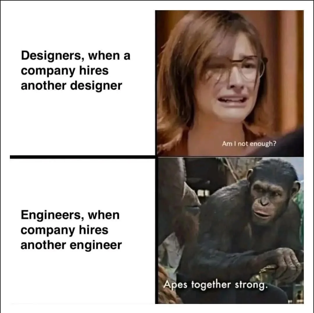 A two-panel meme comparing reactions: top panel shows a crying woman with text 'Designers, when a company hires another…