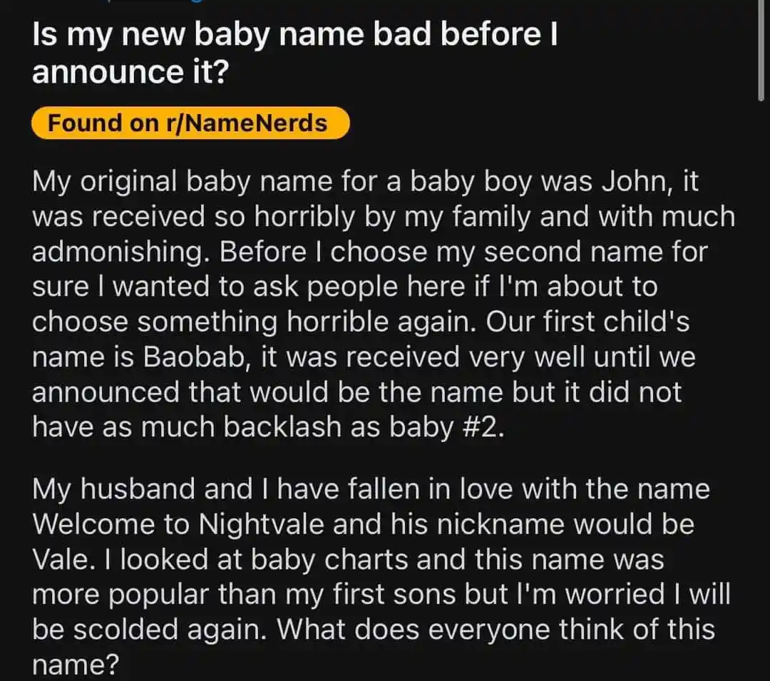 A screenshot of a Reddit post from r/NameNerds where a parent asks for feedback on a baby name, 'Welcome to Nightvale,'…