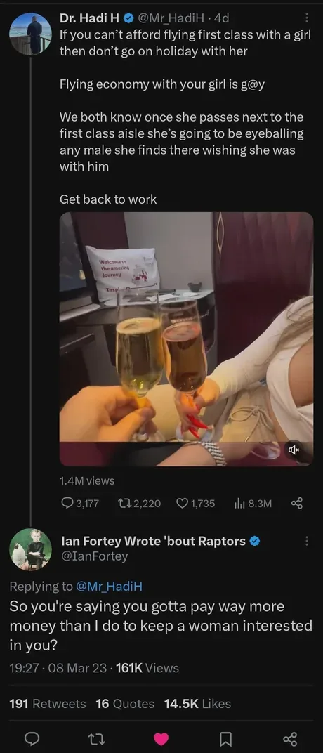 A screenshot of a Twitter thread shows a man's tweet about flying economy with a girl being 'g@y' and advising to 'get back…