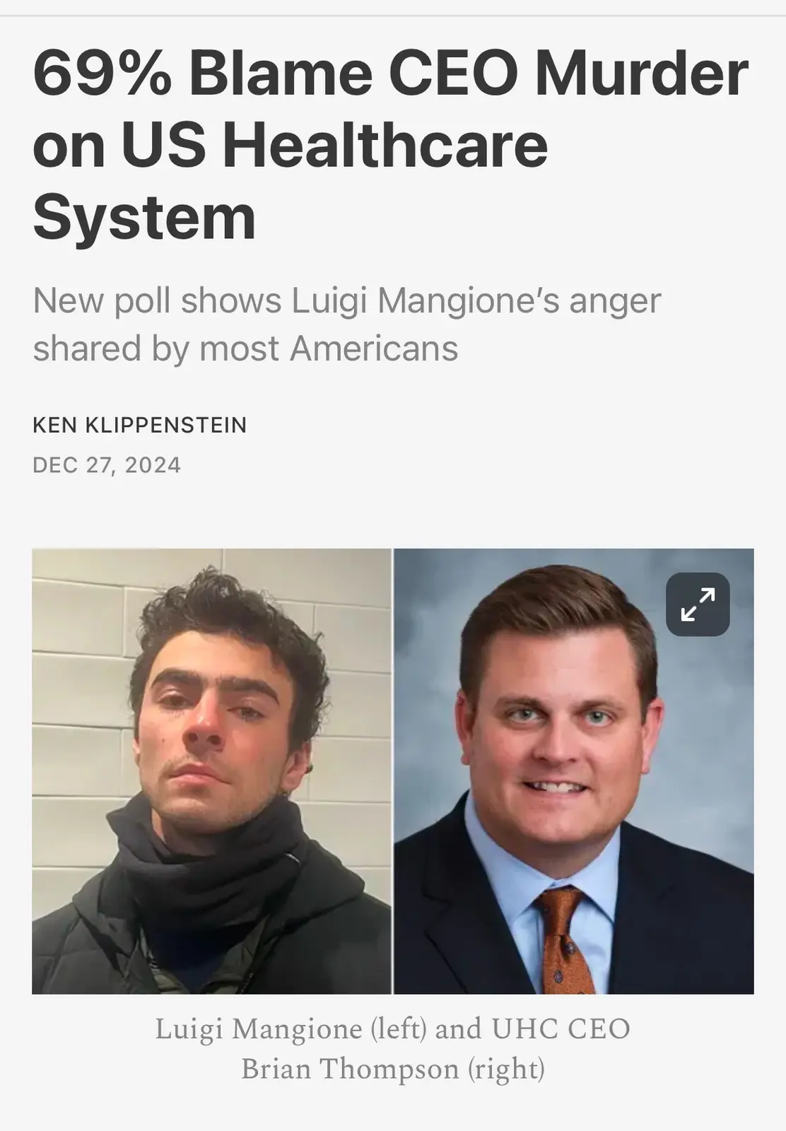 The image displays a fake news article headline claiming 69% blame CEO murder on US healthcare system, with a subheading…