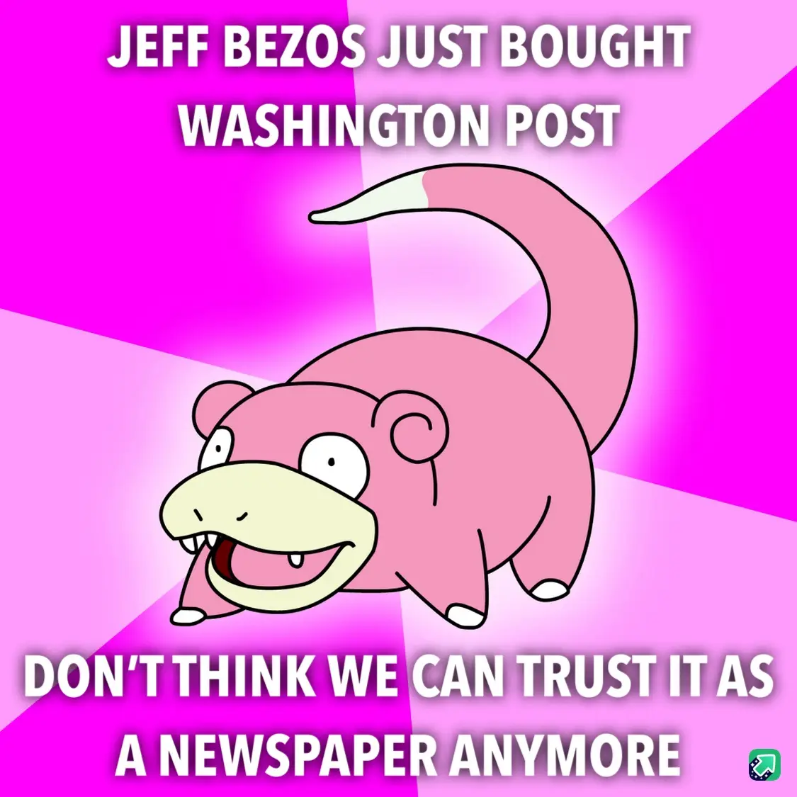 A pink cartoon Pokémon, Slowpoke, is shown against a bright pink and magenta background with diagonal light rays. White bold…