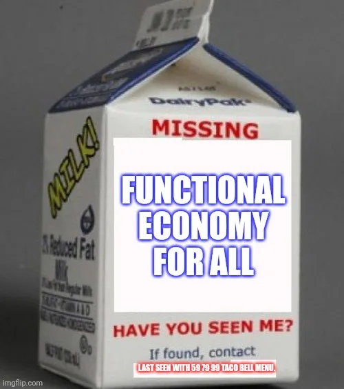 A white DairyPak milk carton with a missing person poster overlay. The poster reads 'MISSING FUNCTIONAL ECONOMY FOR ALL' in…