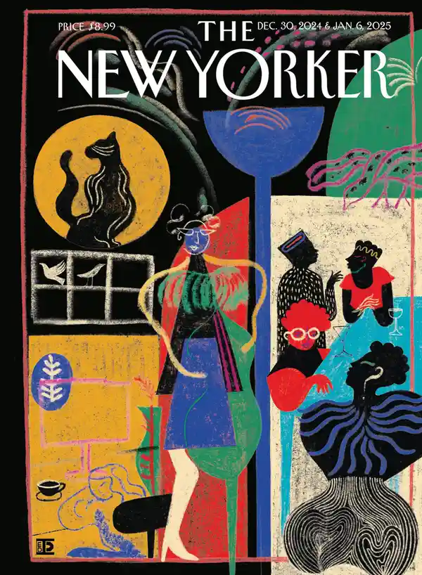 The image is a stylized, colorful cover of The New Yorker magazine dated Dec. 30, 2024 & Jan. 6, 2025, priced at $8.99. It…