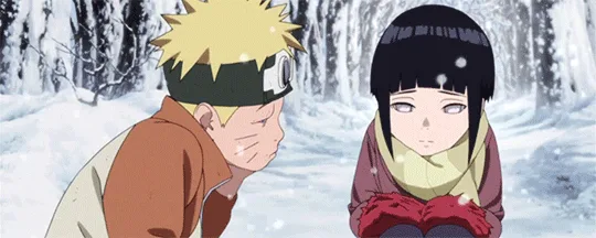Two anime characters, Naruto and Hinata, are shown in a snowy forest setting. The sequence shows Naruto looking down shyly…