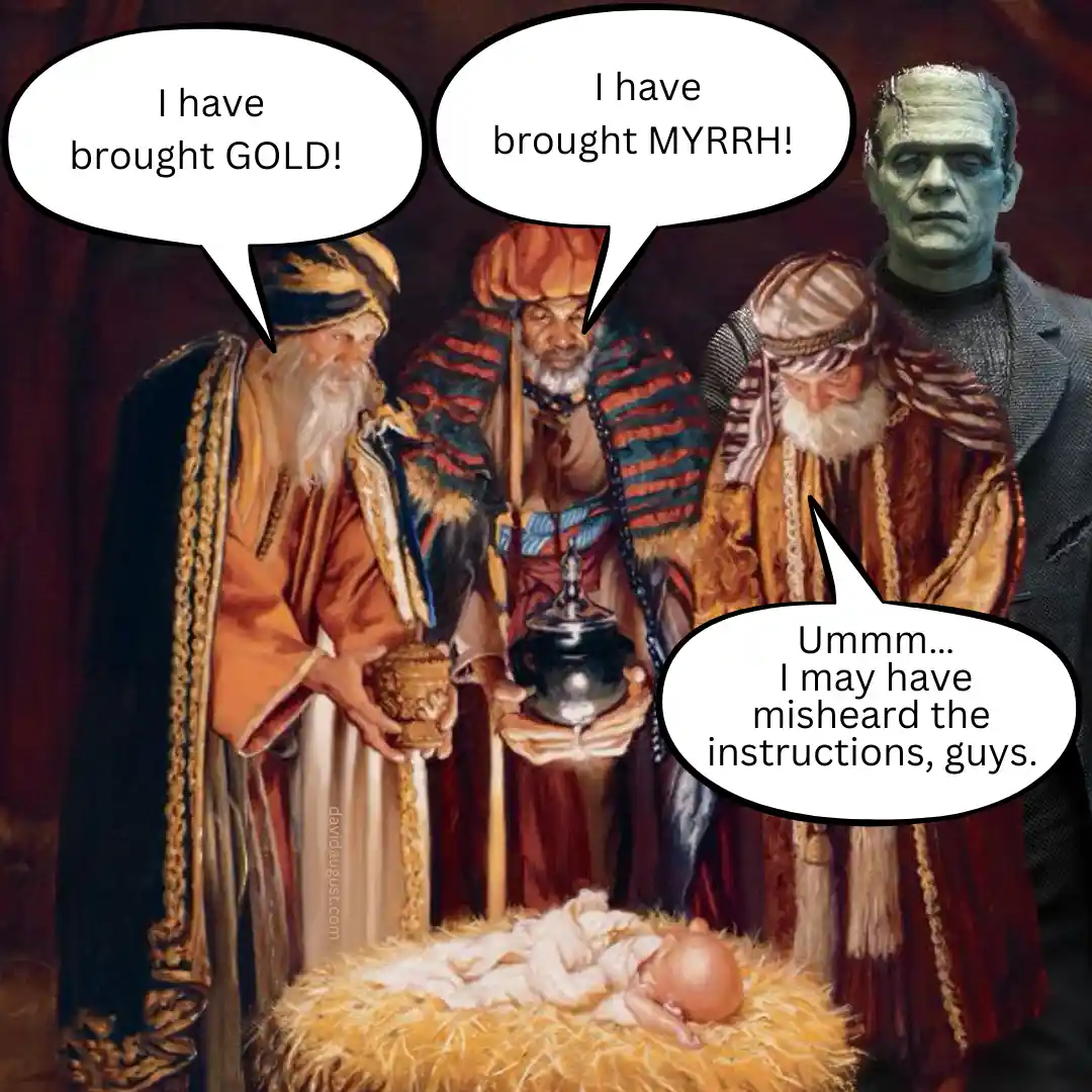 Three wise men in robes stand before a baby in a manger, two holding gifts and declaring 'I have brought GOLD!' and 'I have…